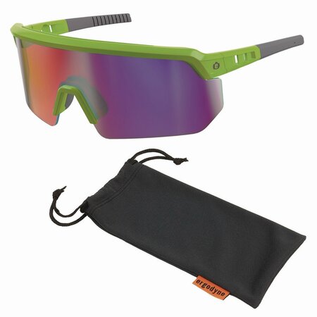 ERGODYNE Skullerz AEGIR Anti-Scratch/Anti-Fog Safety Glasses, Lime Nylon Impact Frame, Purple Mirror Lens 55016